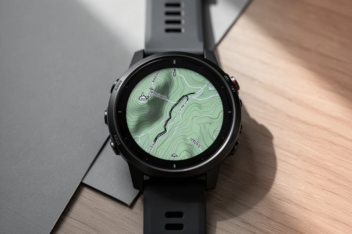 GPS watch map view showing topo trails and points of interest