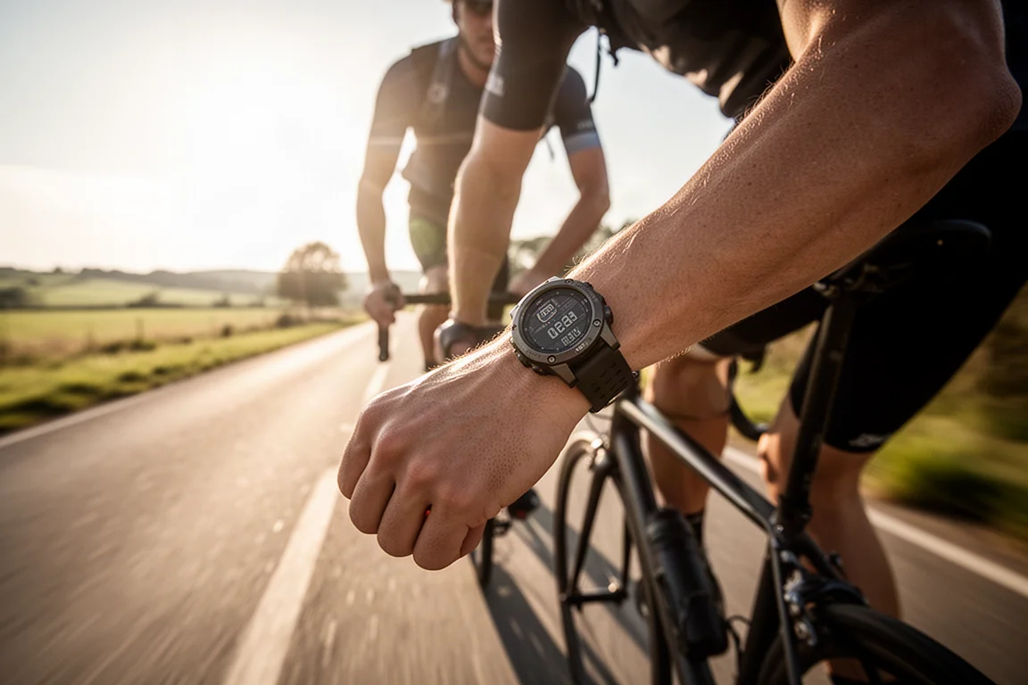 Cyclist riding with a GPS watch on a sunny open road