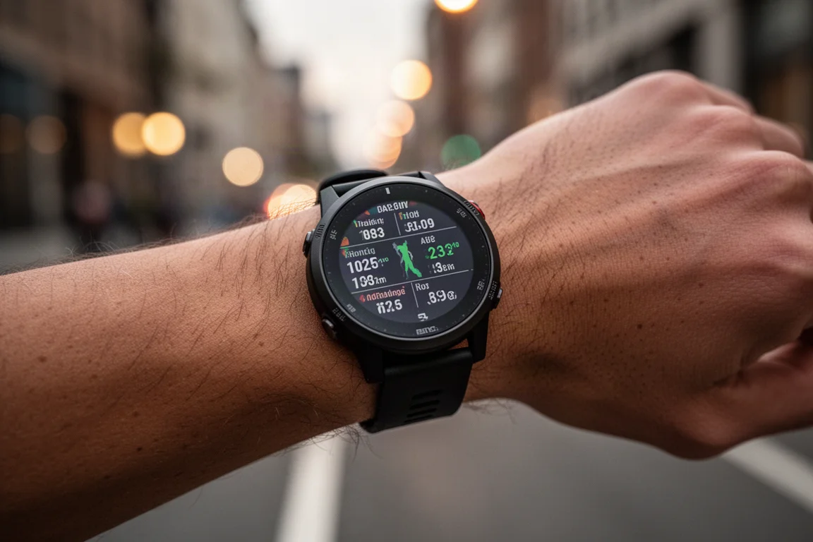 Runner checking a GPS watch face with training metrics