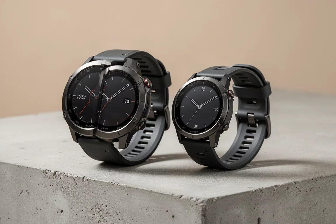 Two Garmin Fenix 8 GPS watches of different sizes side by side on concrete