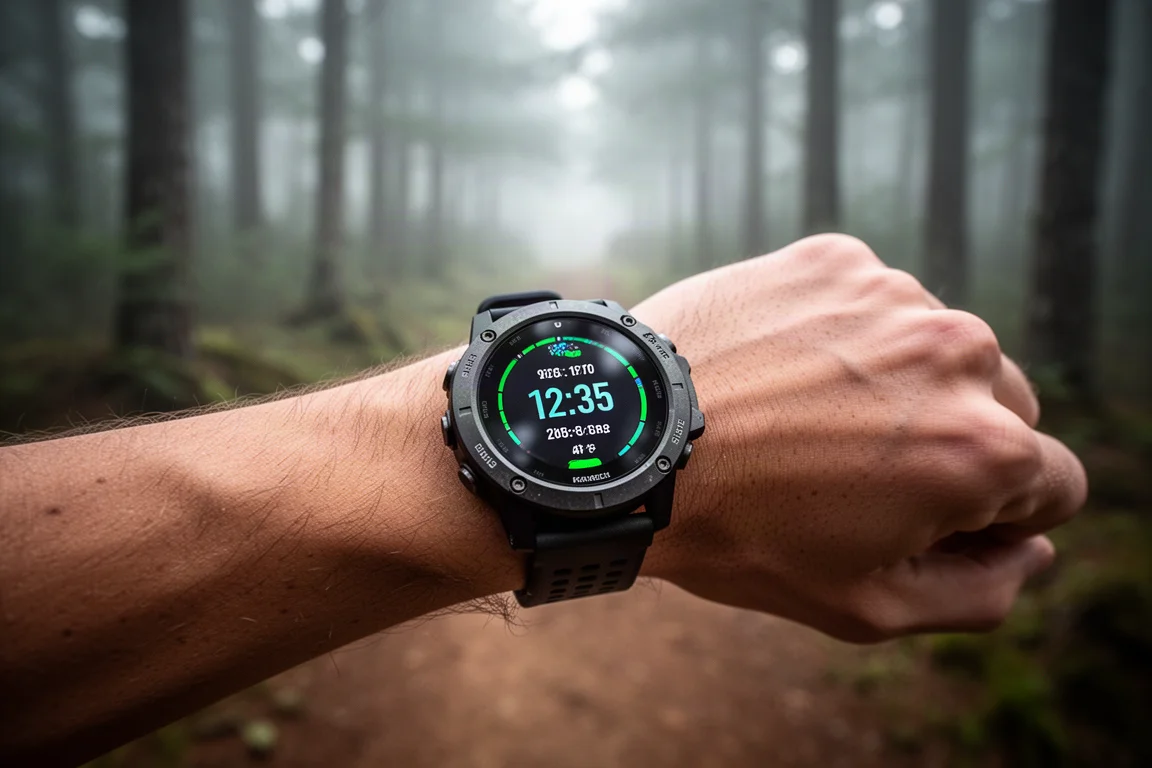 Löpare som kontrollerar en GPS-sportklocka under ett terränglopp i en skog