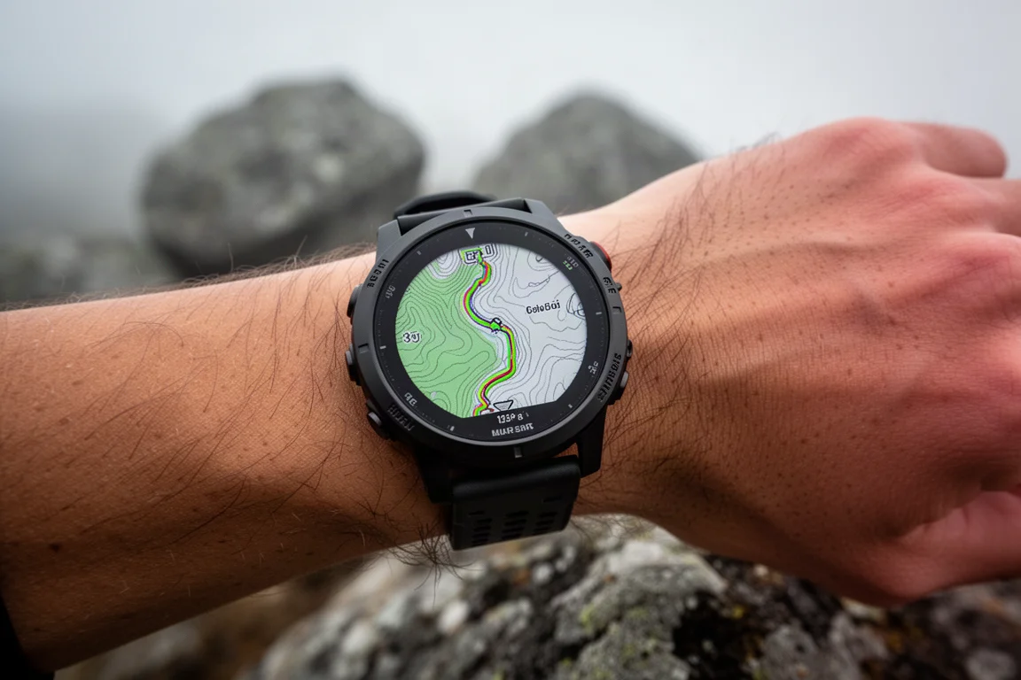 Handled med GPS-klocka som visar en kartlagd rutt under navigation på en stig