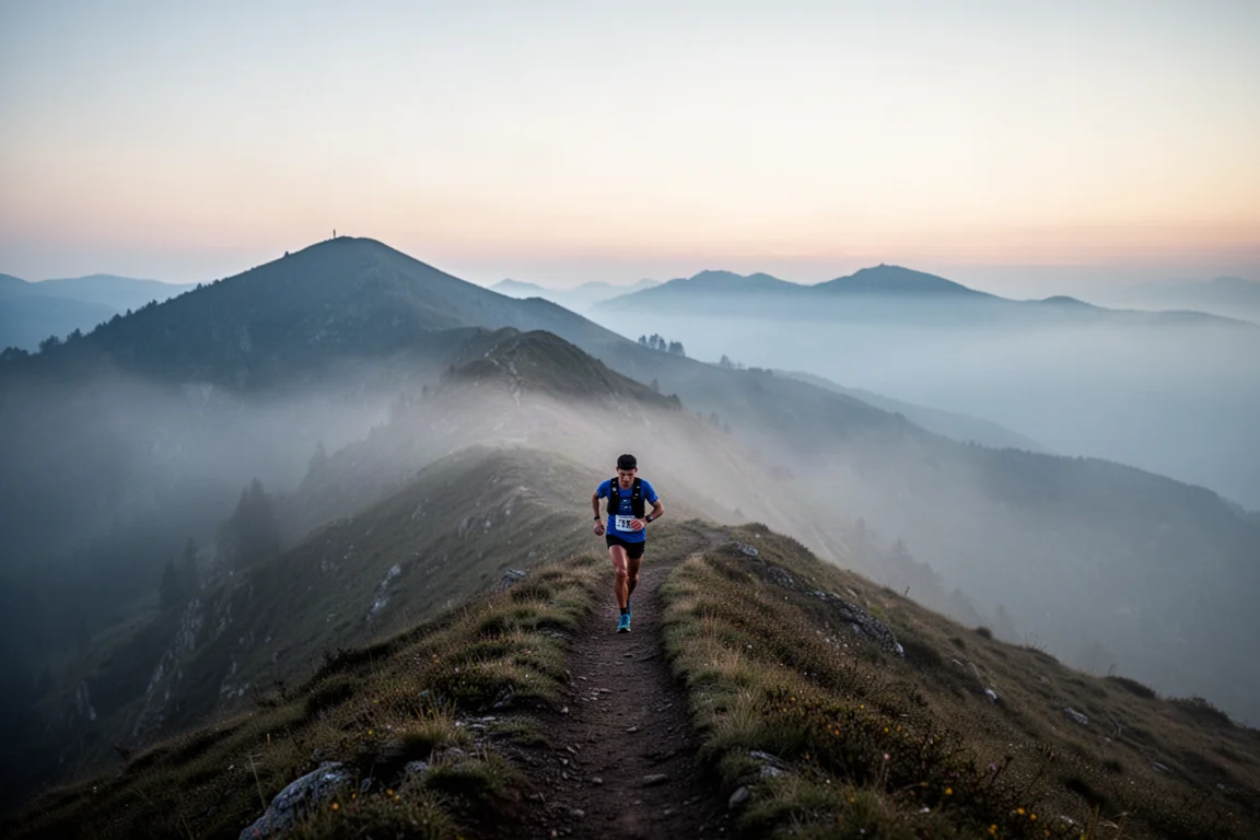 Ultramaratonlöpare som rör sig längs en dimmig bergsrygg i skymningen