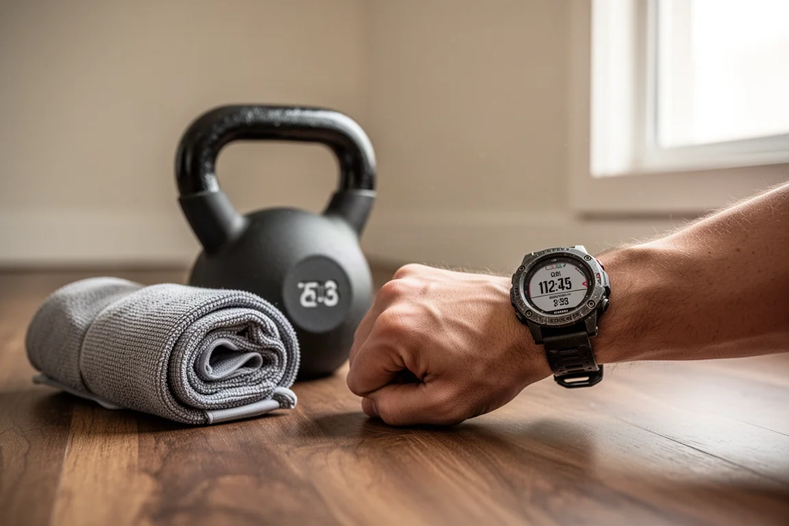 Atlet som styrketränar med en kettlebell hemma bredvid en sportklocka