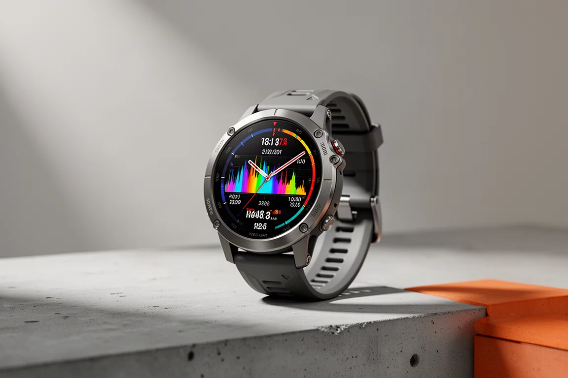 Garmin Fenix 8 51mm AMOLED sports watch with bright display on concrete surface