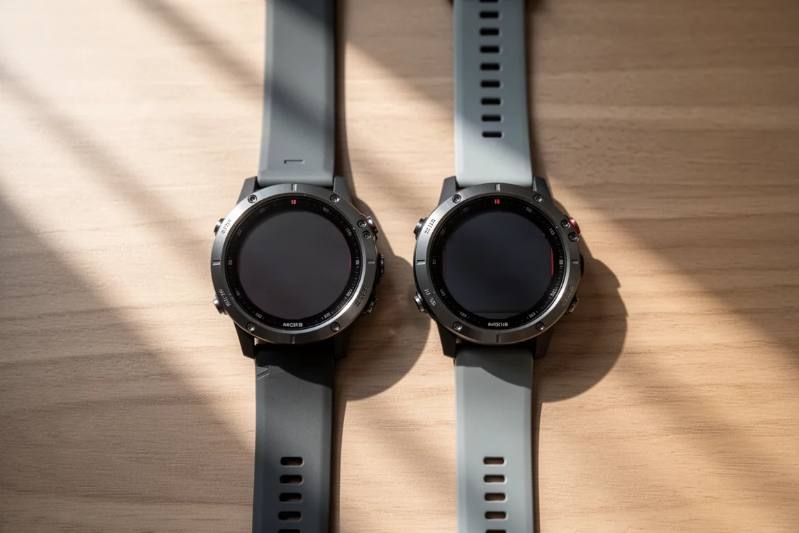 Due smartwatch sportivi di fascia alta affiancati su una scrivania in legno in una luce soffusa
