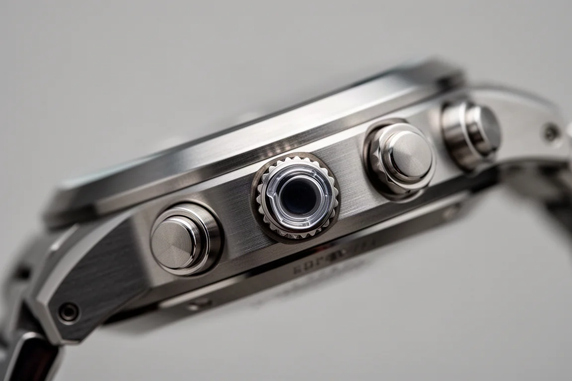 Primo piano di uno smartwatch sportivo con pulsanti metallici tattili e protezione del sensore