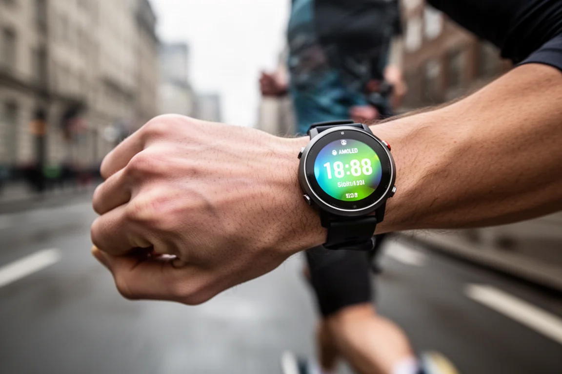 Un runner controlla il grande schermo luminoso dello smartwatch durante una corsa mattutina coperta