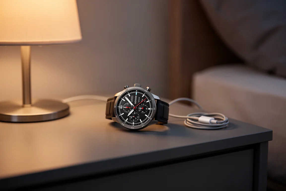 Smartwatch sportivo in carica su un comodino al tramonto, con un'atmosfera legata alla lunga autonomia