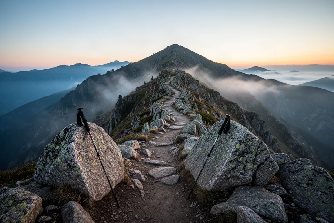 Sendero estrecho de montaña al amanecer con niebla en el valle y un bastón de trekking