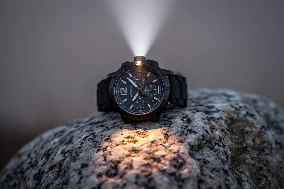 Reloj redondo y robusto sobre una roca de granito al anochecer con un haz de luz estrecho