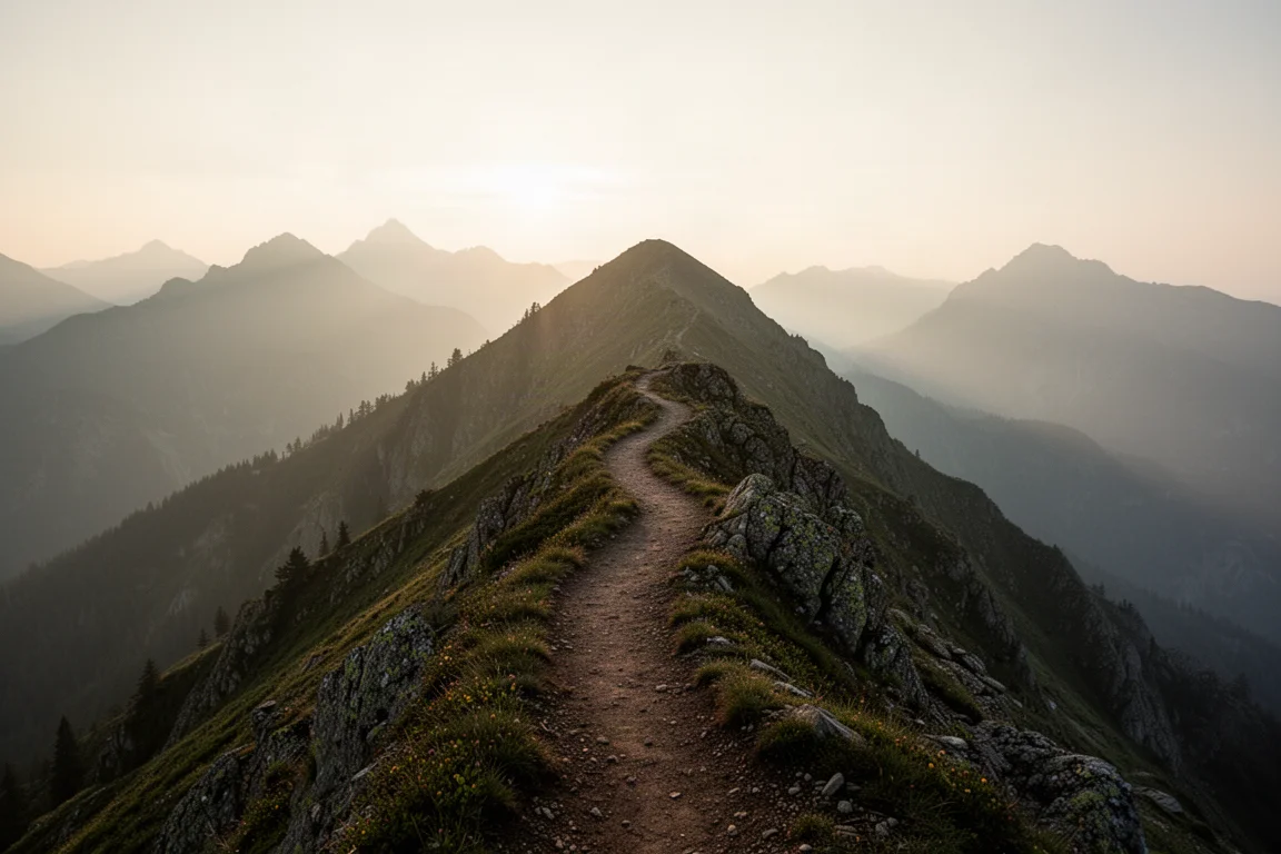 Sendero de cresta al amanecer con siluetas de montañas escalonadas difuminándose en la bruma