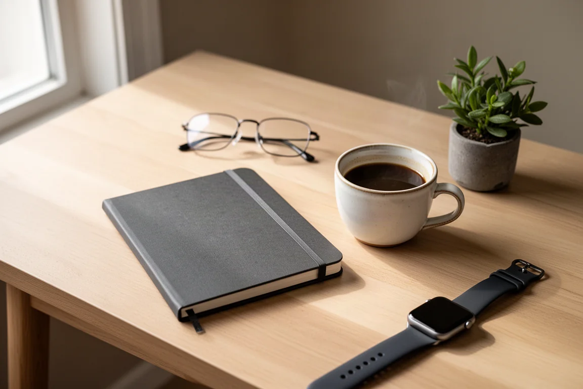 Vista cenital de un escritorio de madera con un cuaderno, una taza de café y un smartwatch