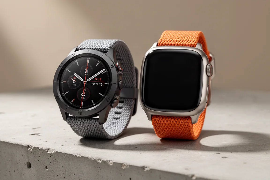 Due smartwatch robusti con cassa in titanio e cinturini intrecciati su una superficie in cemento