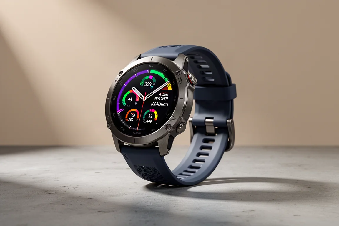 Rugged Garmin Fenix 8 style GPS watch with glowing AMOLED display on concrete surface