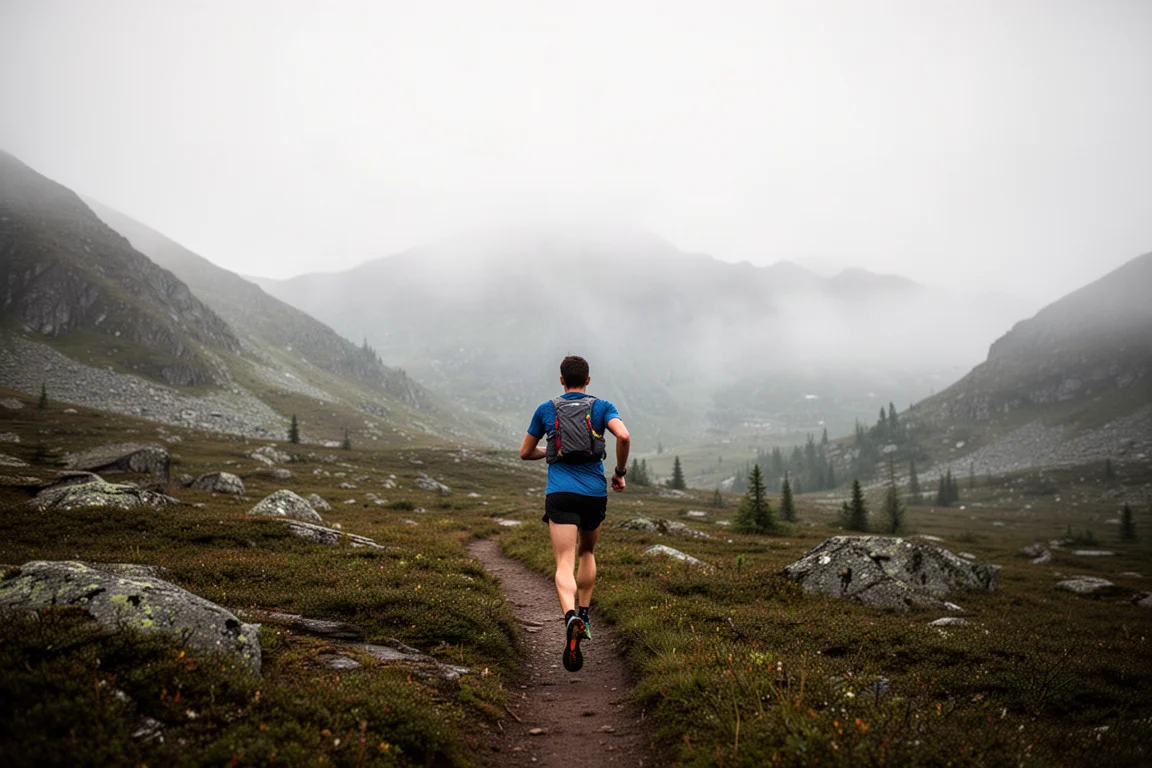 Trail runner heading into remote mountain terrain under an overcast sky