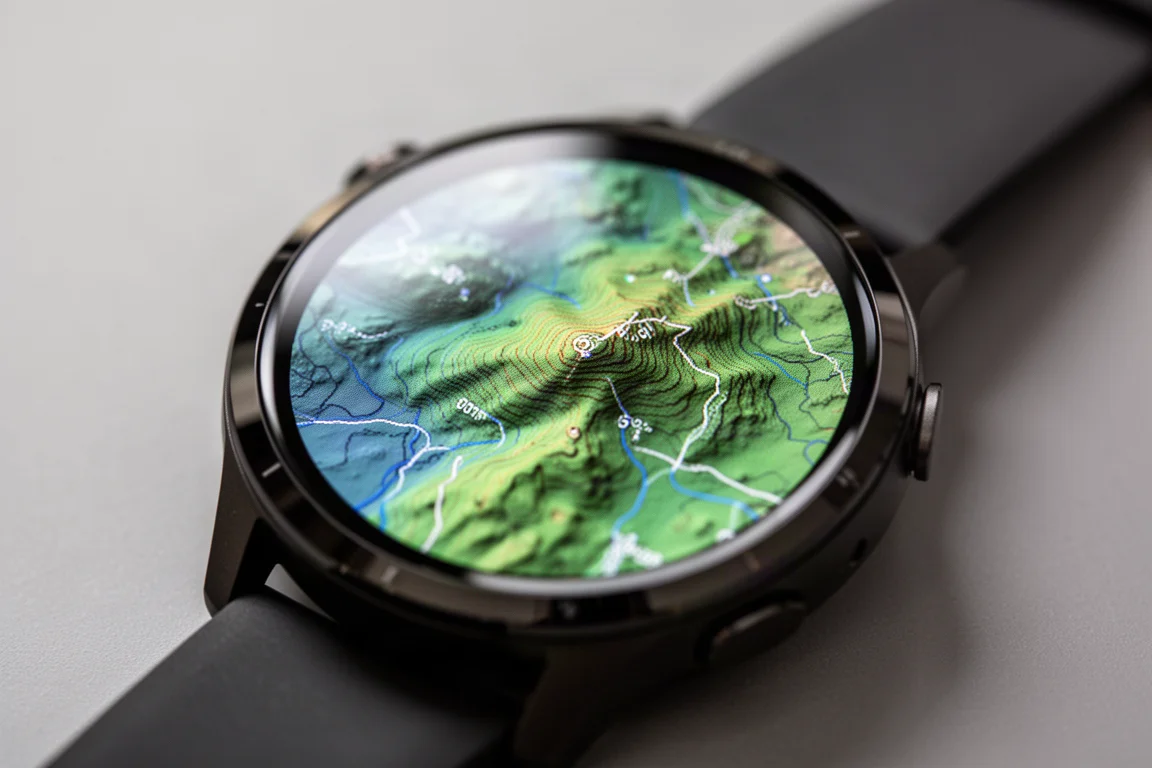 Close-up of a rugged GPS watch screen showing a vibrant map view