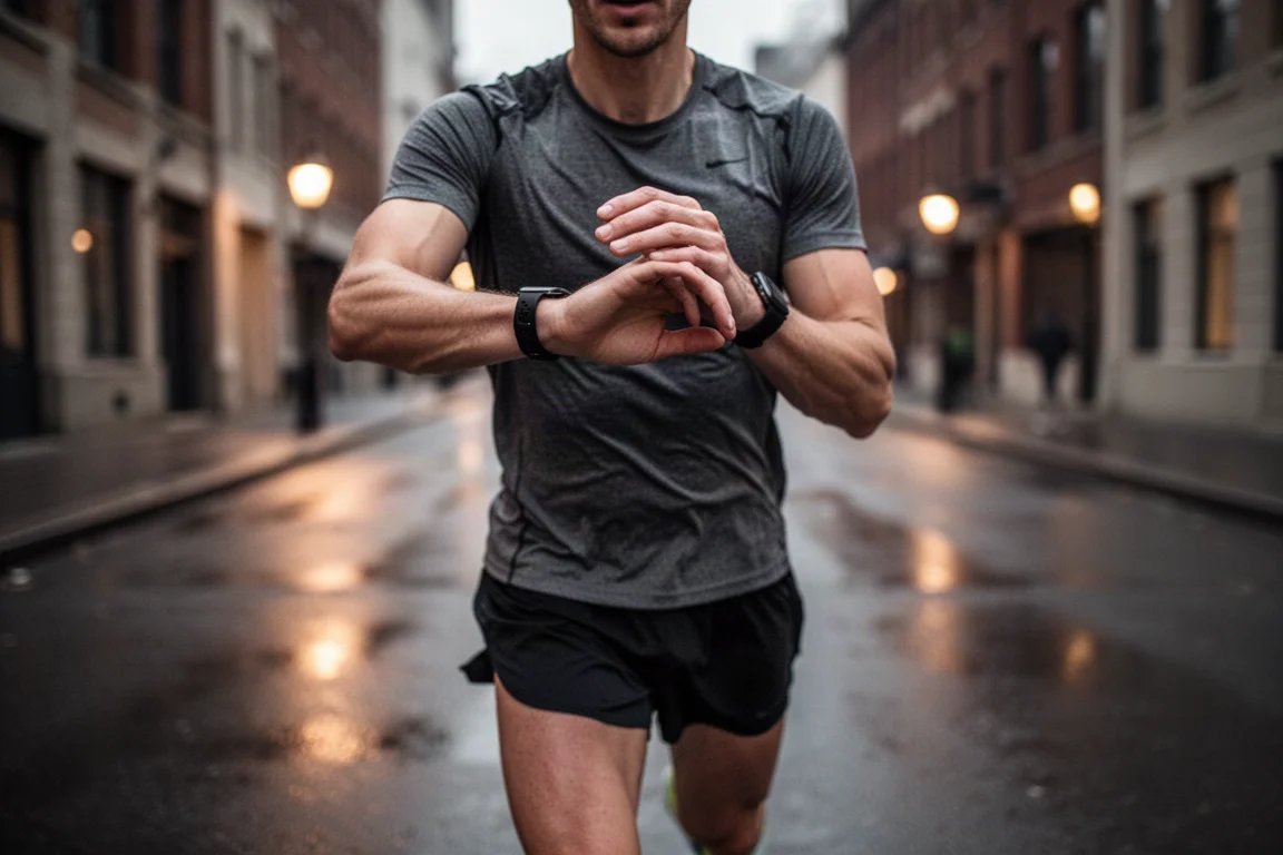 Runner checking a watch during a city interval session at dusk