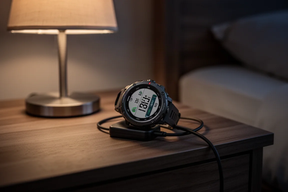 GPS sports watch charging on a bedside table overnight