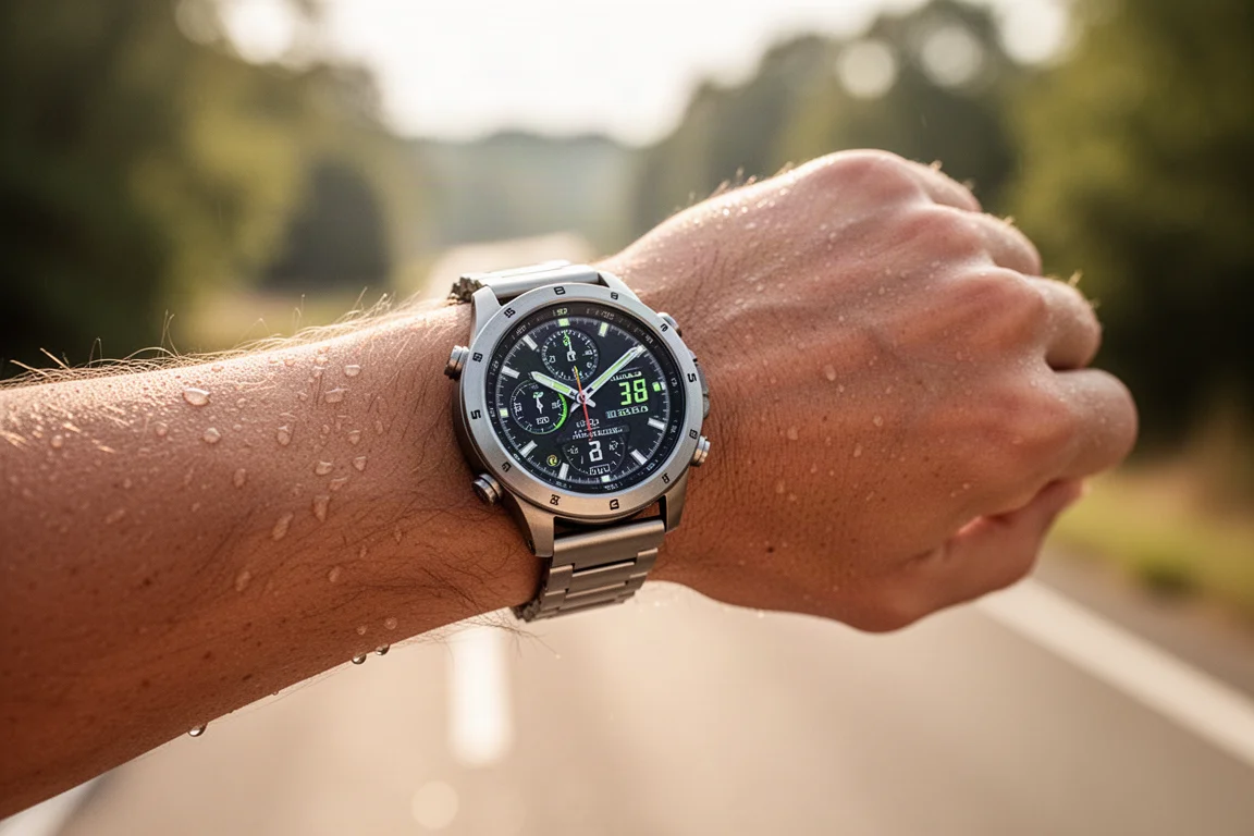 Runner wearing a GPS sports watch on a sunny road run