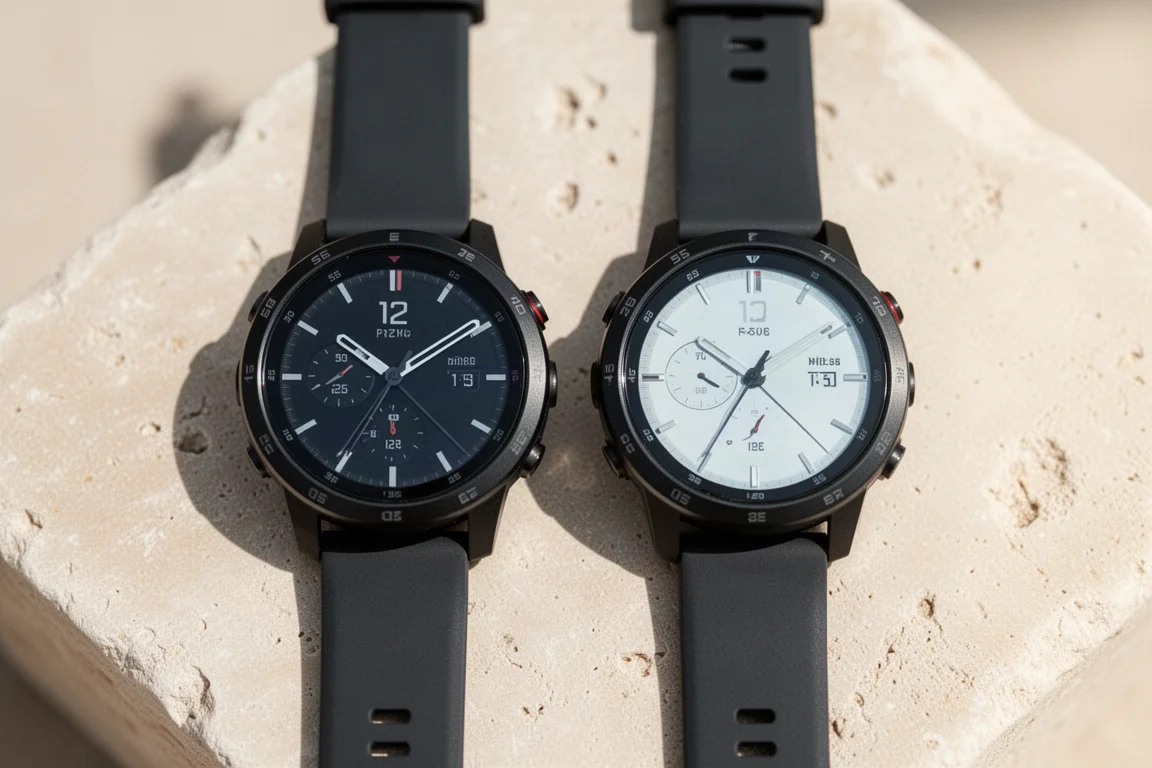 Two sports watches side by side showing displays under bright sunlight