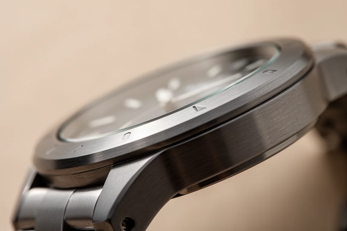 Close-up of a watch bezel and display edge in directional light