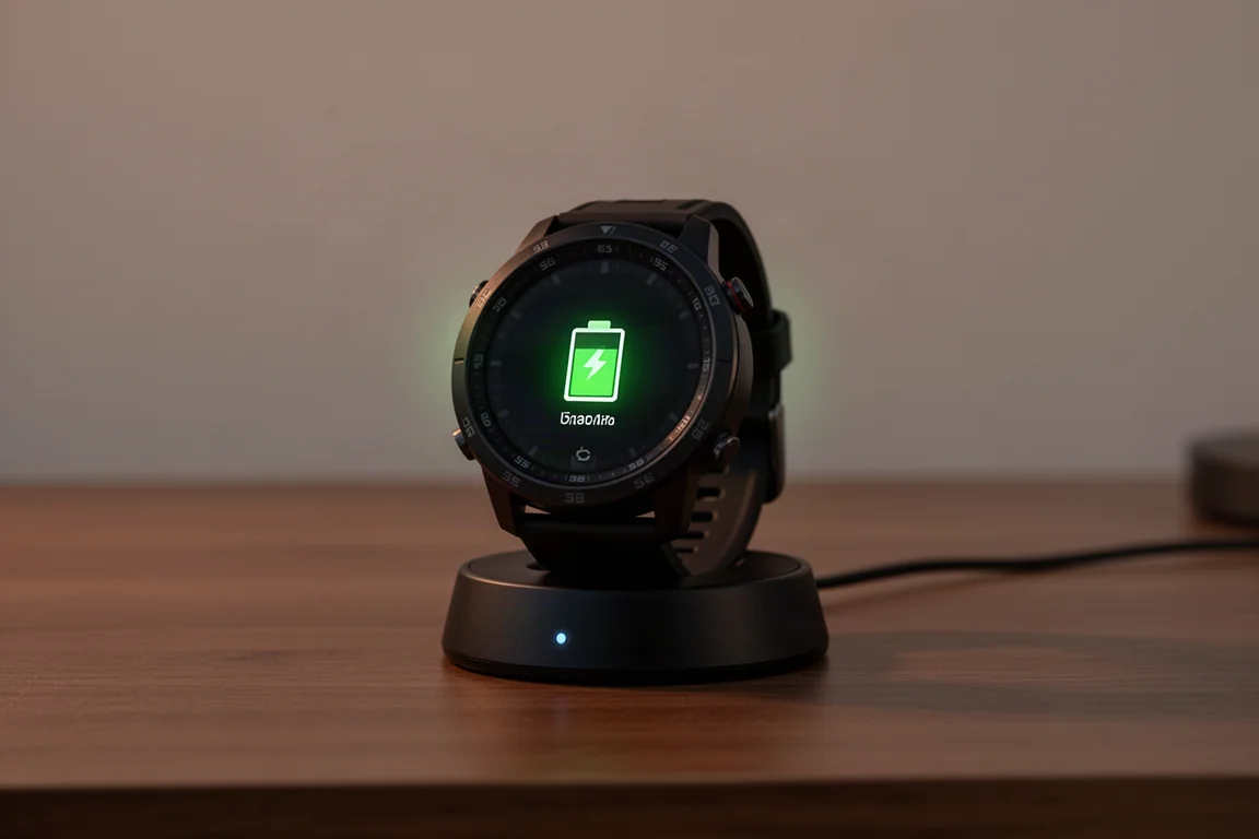 GPS watch on a charging stand with a low battery indicator glow