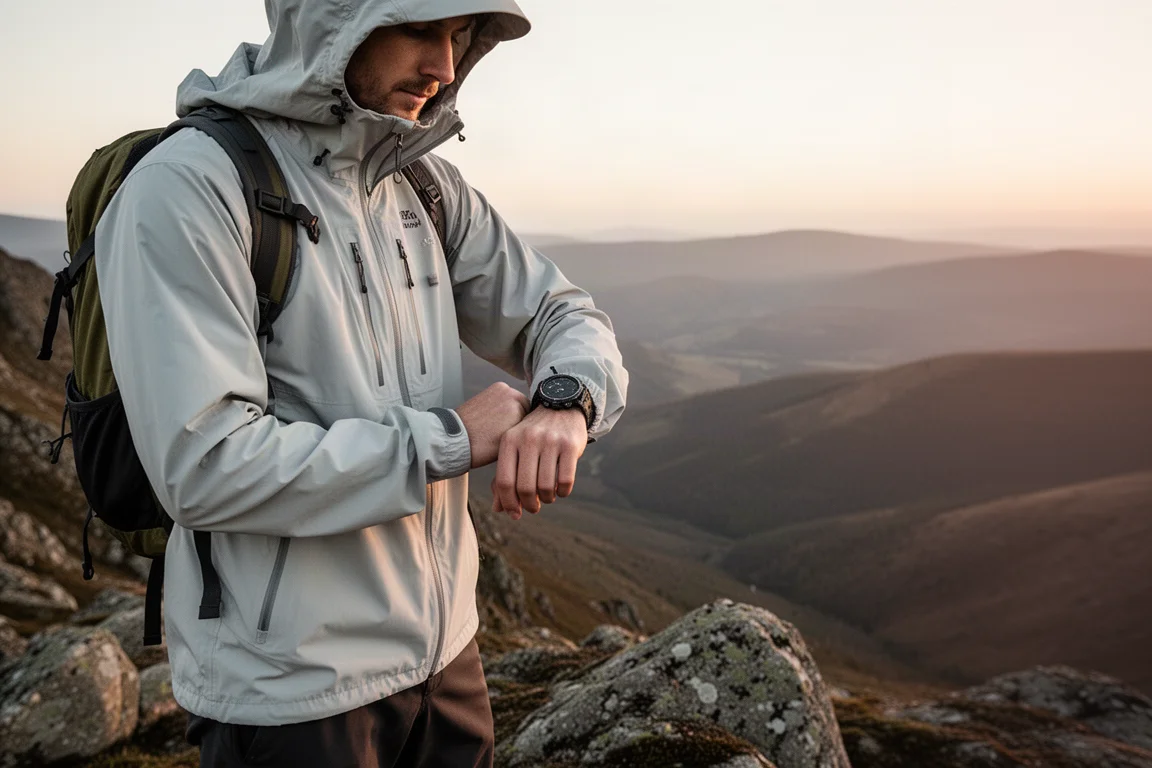 Runner che controlla un orologio sportivo GPS su un sentiero nel bosco senza telefono con sé
