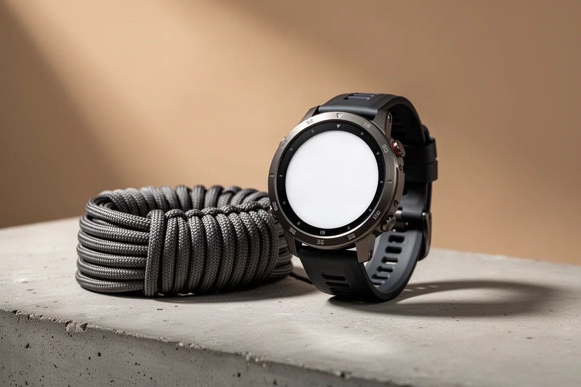 Robusto smartwatch rotondo con cassa in titanio scuro su cemento accanto a un cavo avvolto