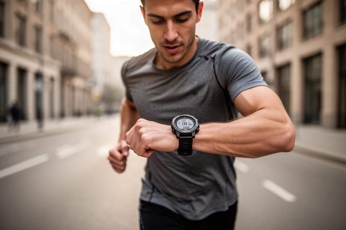 Runner checking a GPS watch on a city street during an easy morning run