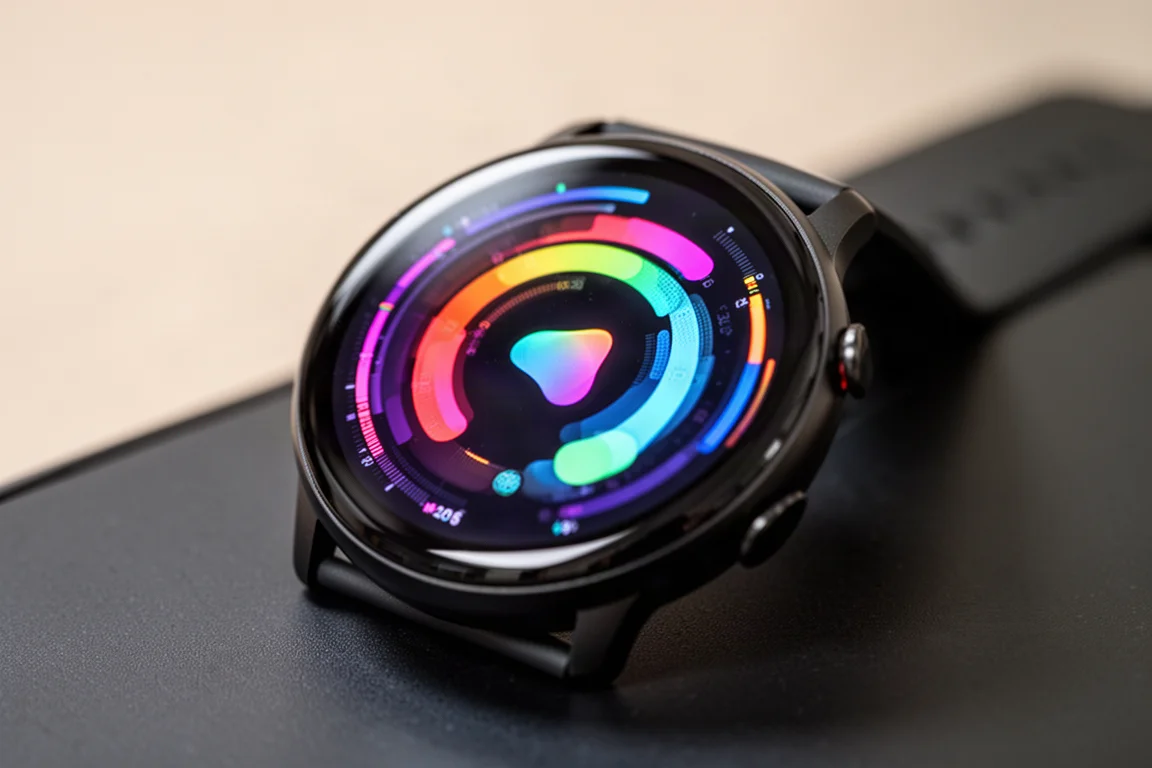 Close-up of a bright GPS watch display showing vibrant run data