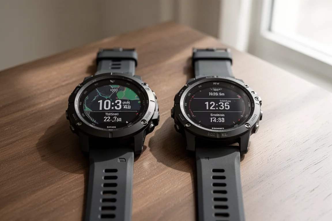 Two GPS watches side by side on a wooden table during a comparison test