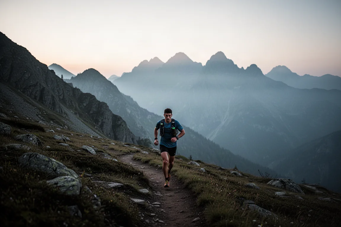 Trail runner on a remote mountain path at dusk with dramatic landscape