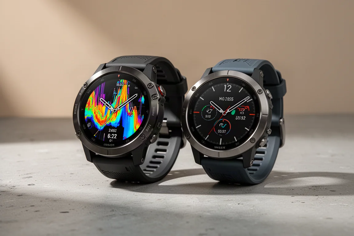 Two rugged Garmin GPS sports watches side by side on a concrete surface