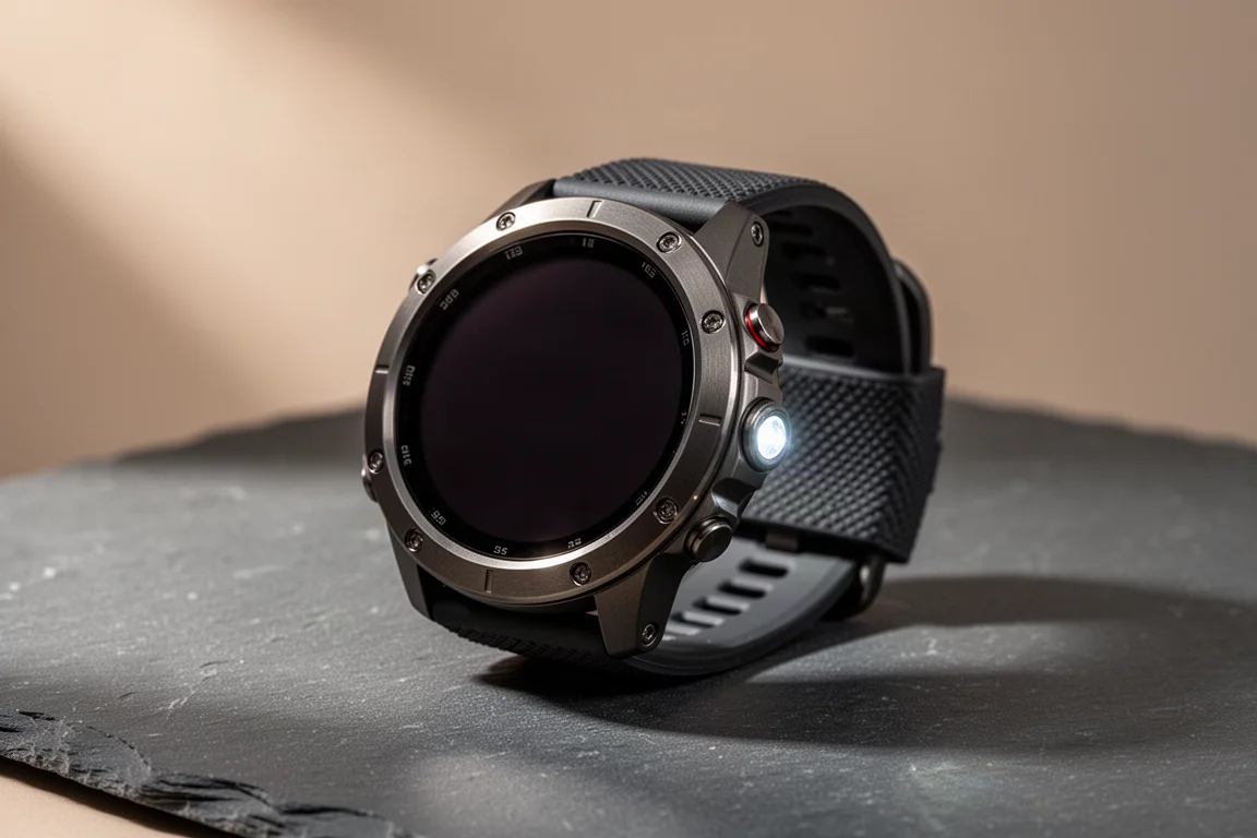 Robusto smartwatch multisport rotondo con ghiera scura e cinturino nero su una superficie in ardesia