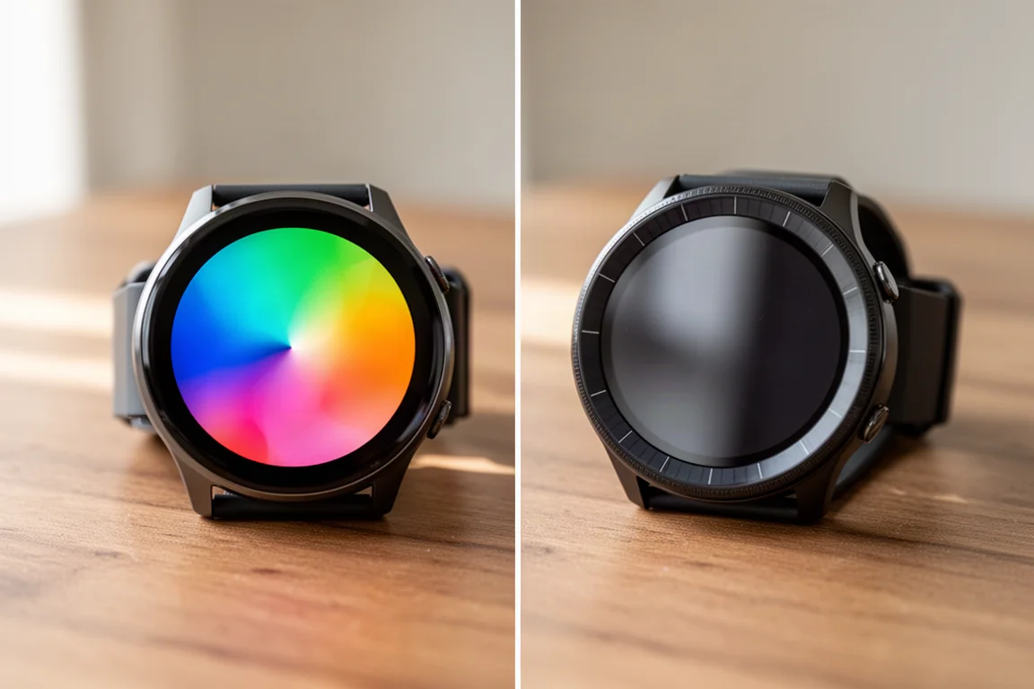 明るいAMOLEDと反射型の2つのGPSウォッチのディスプレイを屋外で並べて比較した接写