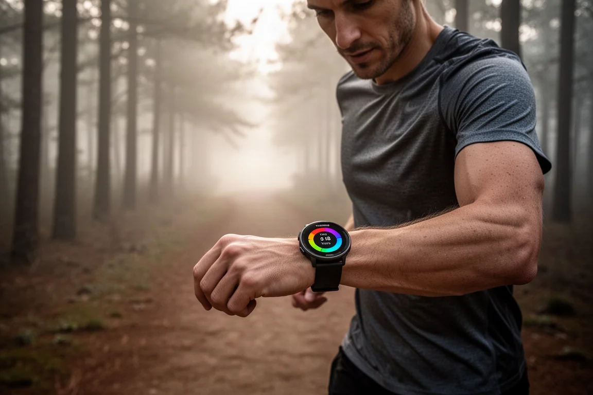 朝のランニング中に手首型のトレーニング readiness 画面を確認するランナー