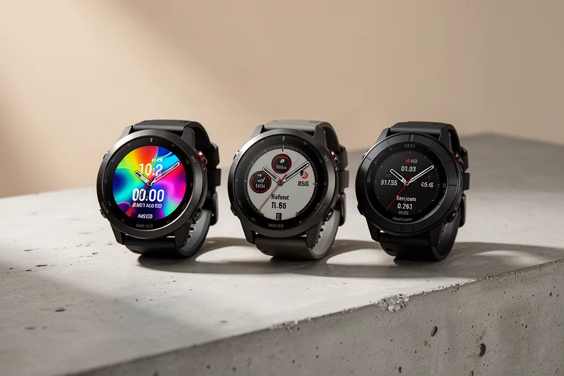 Garmin Fenix 8 Uhren in drei Größen und zwei Displaytypen auf Beton