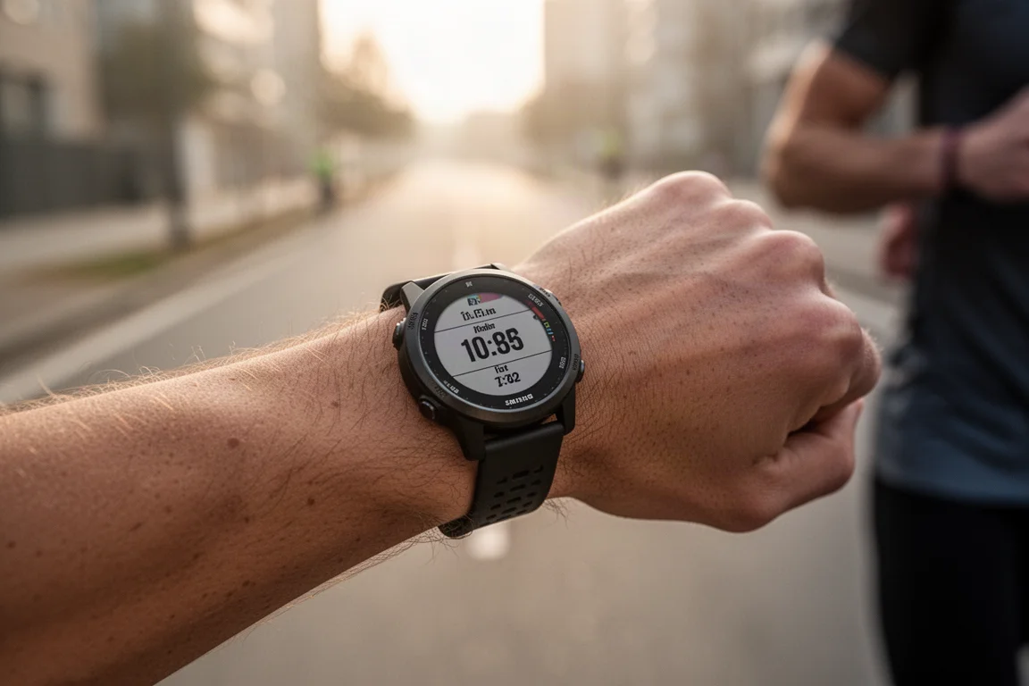 Runner checking a GPS watch during an early morning run