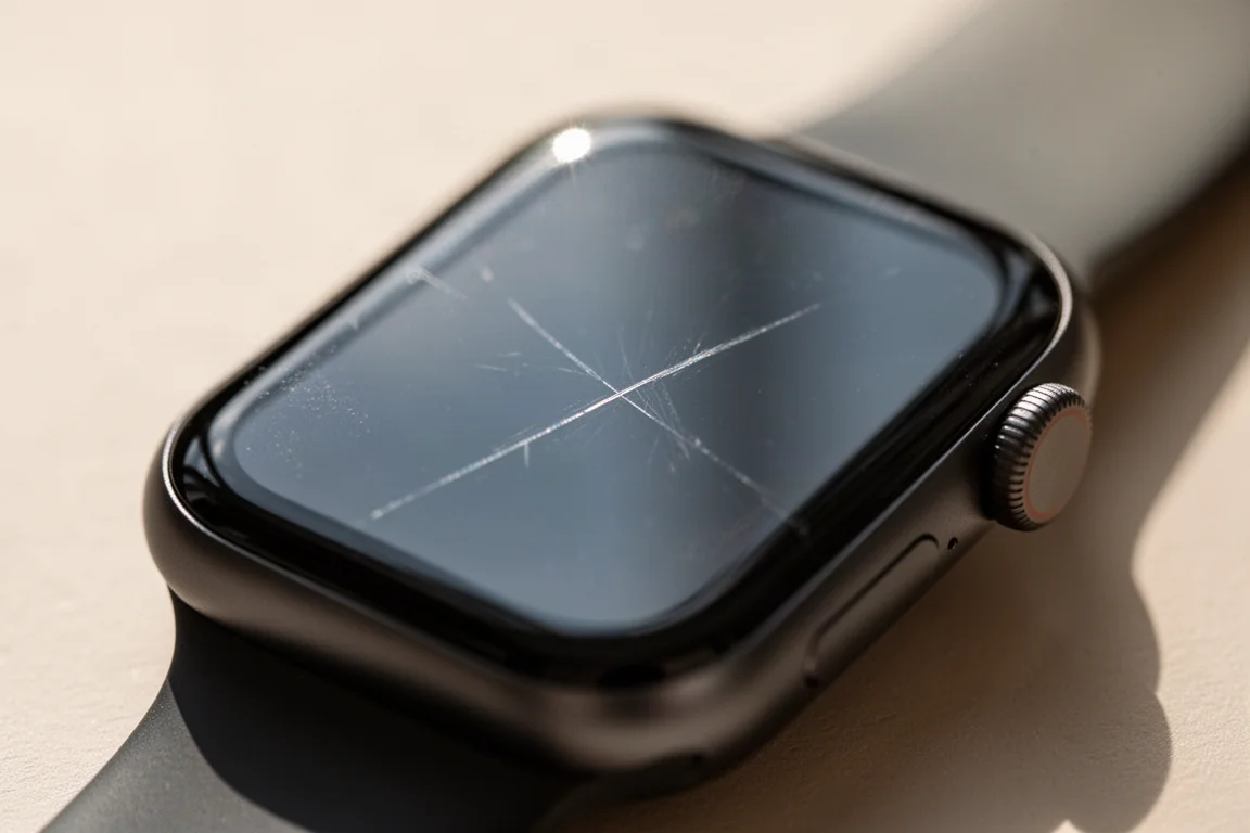 Watch screen showing a scratched glass panel under bright light