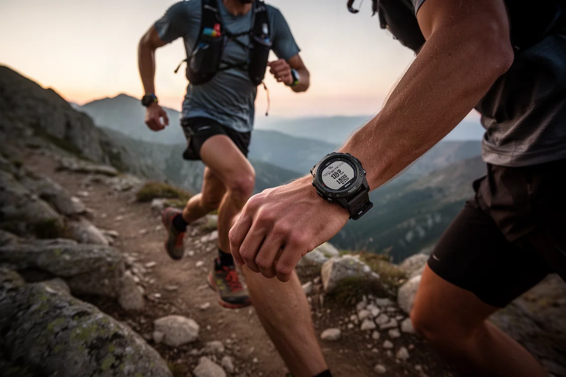 Trail runner navigating a mountain path with a GPS watch on the wrist