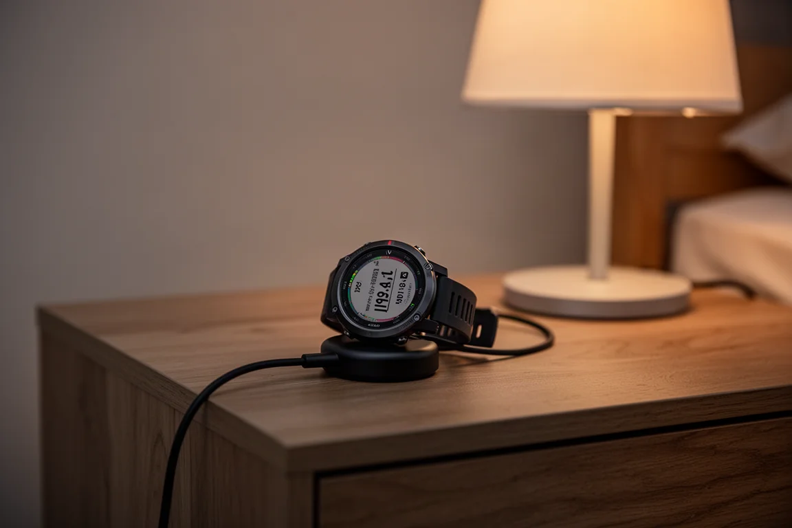 GPS watch charging on a bedside table at night