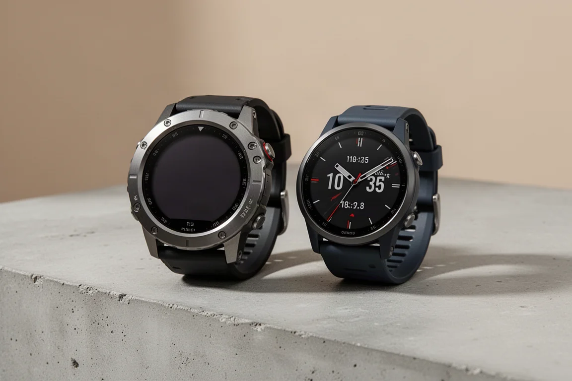 Two multisport GPS watches side by side on a concrete surface