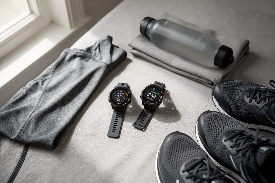 Zwei GPS-Sportuhren liegen auf der Trainingsausrüstung eines Läufers vor dem Morgenlauf