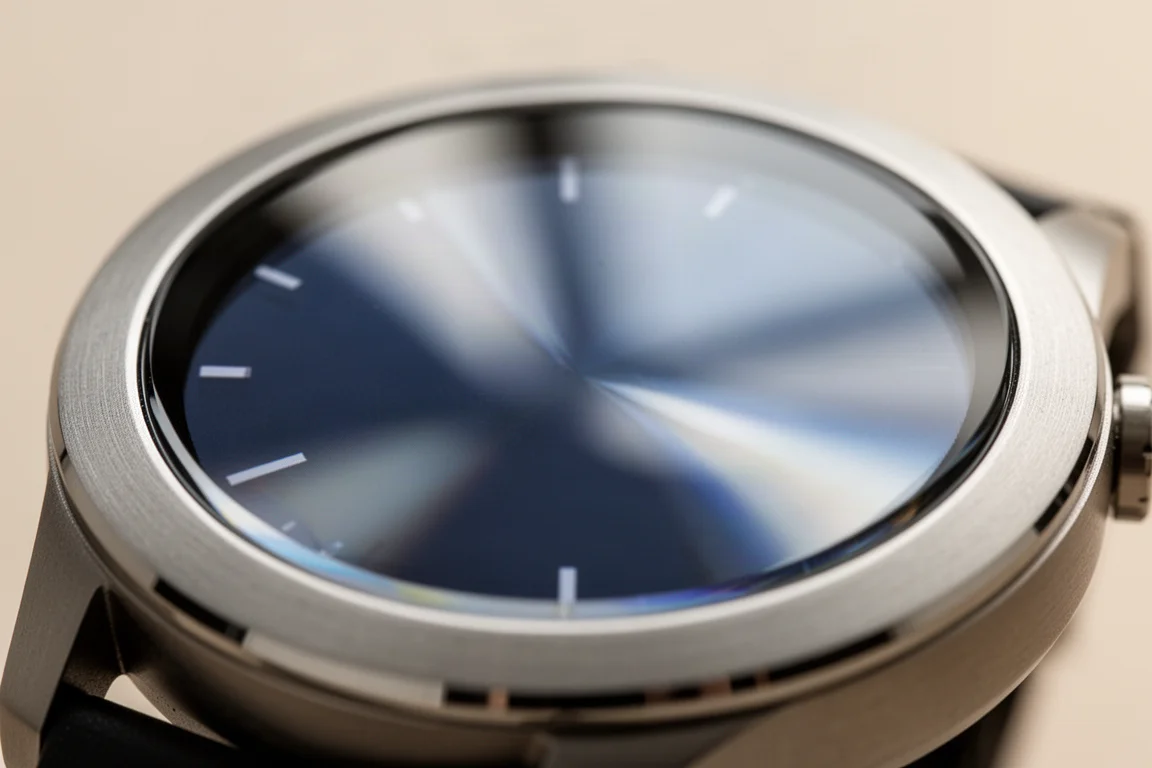 Nahaufnahme eines Saphir-Displays einer Uhr im sanften Tageslicht