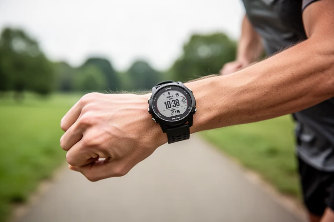 Läufer prüft während eines Straßenlaufs die pulsbasierte Herzfrequenz auf der Uhr
