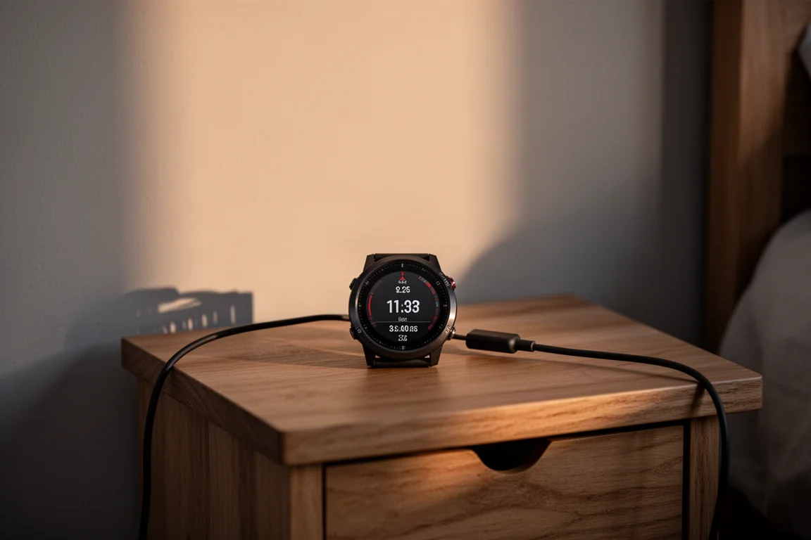 GPS-Sportuhr lädt auf einem Nachttisch im sanften Abendlicht