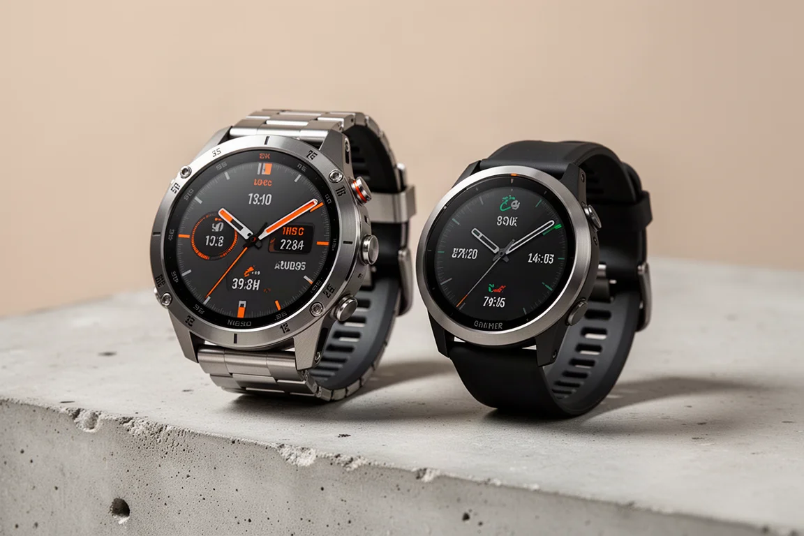 Garmin Fenix 8 and Forerunner 970 sports watches side by side on concrete