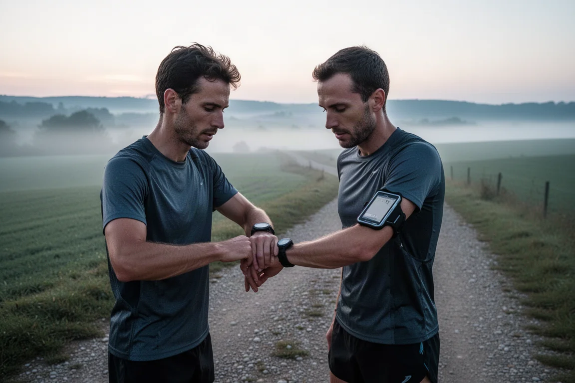 Un coureur consulte une montre de sport GPS sur un sentier brumeux au matin