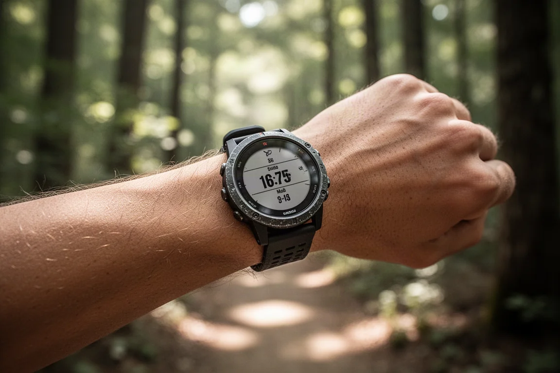 Gros plan sur une montre au poignet enregistrant une course sur un sentier forestier